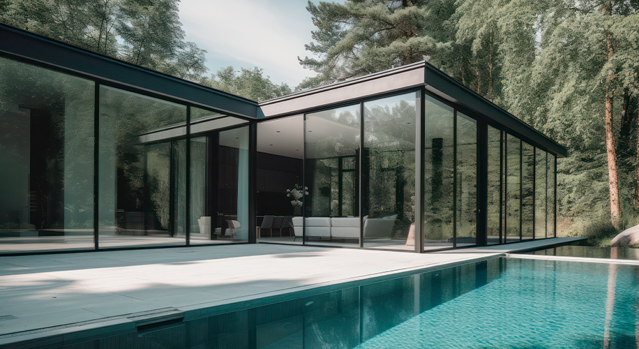 Casa moderna com grandes painéis de vidro e piscina, cercada por árvores e vegetação natural.
