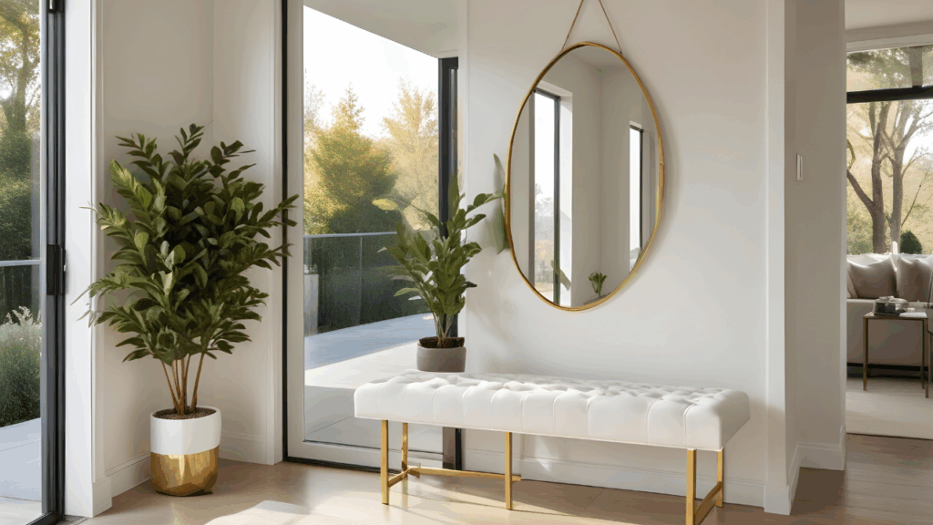 Espelho redondo com iluminação embutida e parede com revestimento ripado em tom escuro, em ambiente moderno e sofisticado.