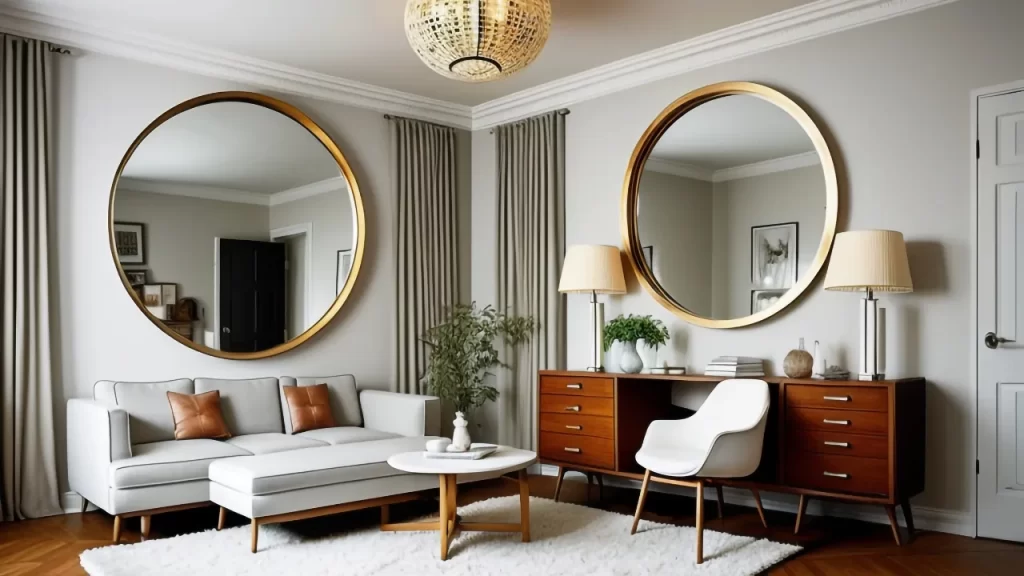 Sala de estar elegante com decoração moderna, incluindo dois espelhos redondos grandes com moldura dourada, sofá claro, mesa de centro de madeira e aparador retrô.