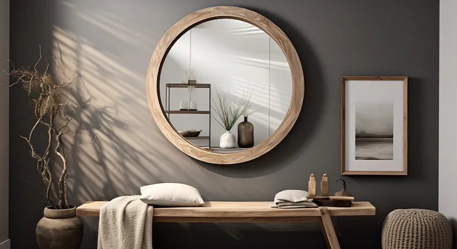Espaço decorativo com parede cinza, espelho redondo com moldura de madeira, bancada rústica com objetos minimalistas e iluminação suave projetando sombras.