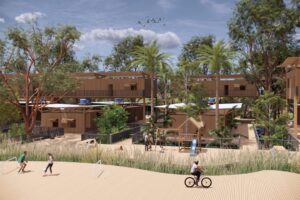 Vista de um conjunto habitacional sustentável cercado por árvores, com áreas de lazer, playground e pessoas praticando atividades ao ar livre.