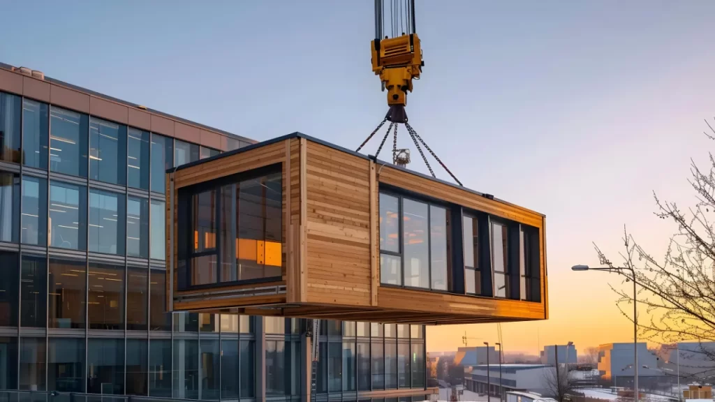Módulo arquitetônico de madeira com grandes janelas de vidro sendo içado por um guindaste ao lado de um prédio corporativo, durante o pôr do sol.