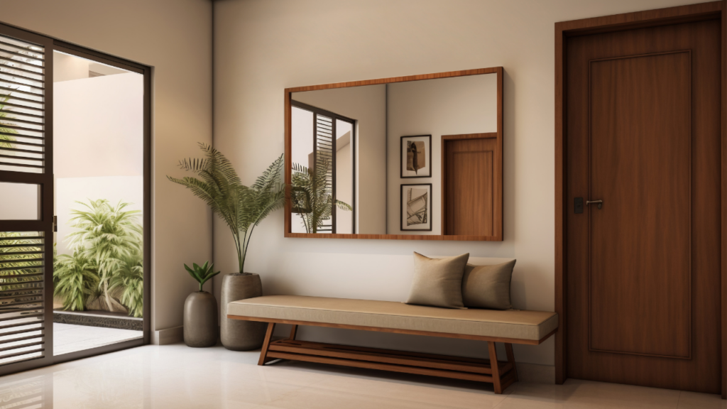Espelhos na Decoração de hall de entrada moderno, com banco estofado em madeira, plantas decorativas e espelho retangular com moldura de madeira, trazendo sensação de amplitude e sofisticação ao ambiente.