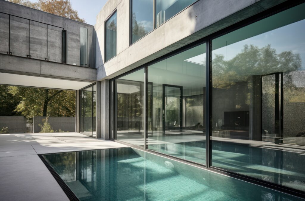 Residência moderna com grandes painéis de vidro integrando área interna e externa, exemplificando aplicações arquitetônicas e diferenças entre Vidro Temperado vs. Vidro Laminado em projetos contemporâneos.
